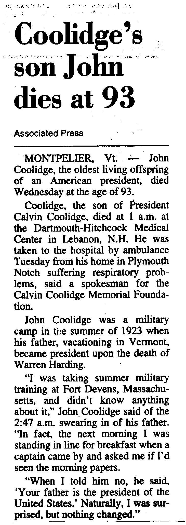 [Image of Coolidge Obituary]